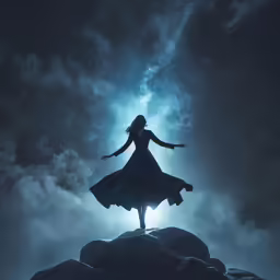 a woman in black dress on rocks under the moonlight