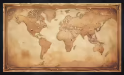 a brown, hand - drawn world map on parchment paper