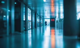the person is walking down a hallway that has doors leading in to a building