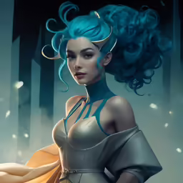 an image of a woman with long hair and very curly hair wearing blue makeup