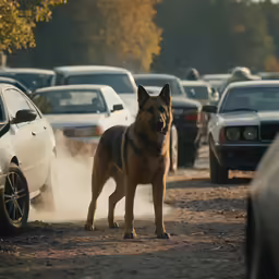 a german shepherd is walking past many cars