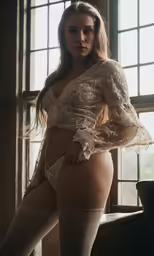 the woman is posing naked in the room
