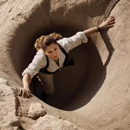woman in the middle of a hole that is made to look like dirt