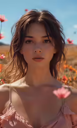 a girl is posing in the middle of some flowers