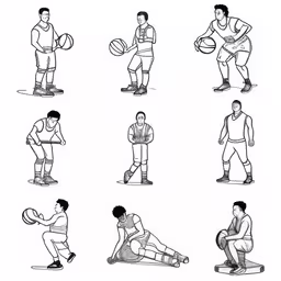 several people sitting on a mat with balls,a bunch of different positions and basketballs,a drawing of basketballs with different positions,basketball players are doing different actions for the ball,a group of young people are doing different exercises