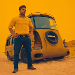 the man is standing next to a car in the desert