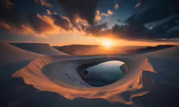 a sunset reflecting the sky on the sand dunes of a beach