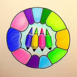 three colored crayons on a paper with the word crayon,pencils on white paper with multicolored circles