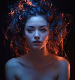 a woman with blue and red makeup and curls