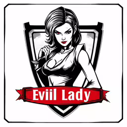 evil lady in red shirt with an arrow on the side,evil lady holding an ax on her arm and the evil symbol
