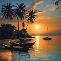 a few boats sit on the beach at sunset