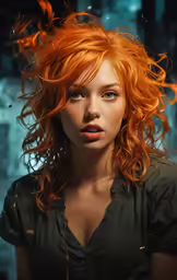 a woman with bright orange hair and a black shirt