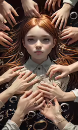 some people holding hands together while a woman covers her face with a dress shirt