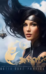the woman with her black hair has the blue sky and gold dragon