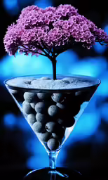 the purple flower is in the glass