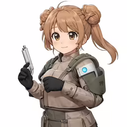 a girl wearing a uniform holding a gun and rifle