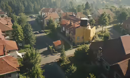 a few small buildings sit by the side of a road