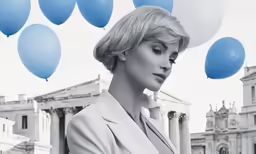a woman stands in front of balloons above her