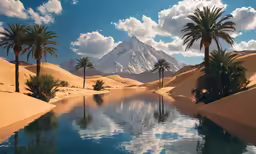 a desert with mountains, palms trees and blue water