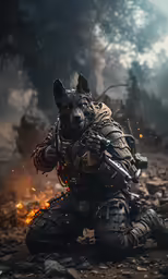 a wolf with a gun kneeling down next to some fire