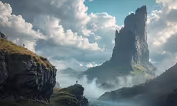 a landscape with mountains, a man standing on top of a hill