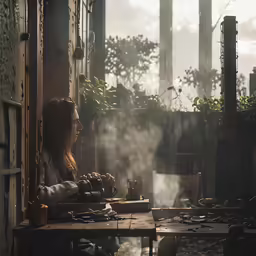 a person sitting at a table in front of a stove