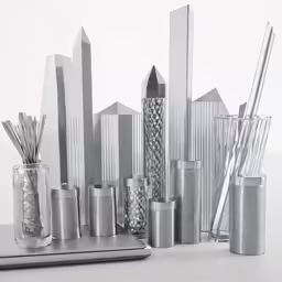 two trays of toothbrushes, one in tin cans and the other in a pen holder
