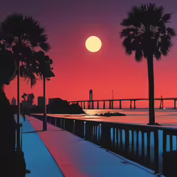 a pier with palm trees in the foreground, and the sun rising in the background