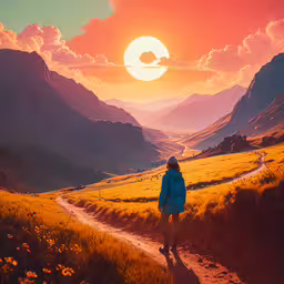 a person standing on a trail looking down a mountain valley,woman walking up a trail into a beautiful sunset over mountains