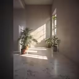 a concrete wall in a house with potted plants