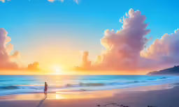 a man walking along the beach towards the water at sunset