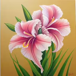 a picture of pink flower in front of a tan background,a painting of a pink flower is hanging on a yellow wall,a painting of a large pink flower in front of a yellow background,a picture of a flower on the side of a wall,a painting of a pink flower on brown paper