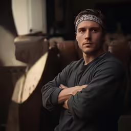 a man with his arms crossed standing by the couch