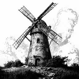 a windmill on a hill near a small tree