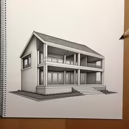 a pen and ink drawing of a house,a drawing of a large white house sitting on top of a desk