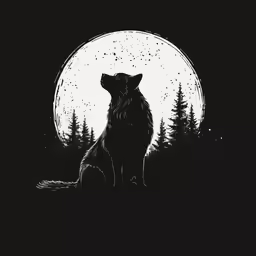 a wolf sitting in front of a full moon