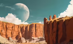 the sun is shining in the distance above the rocky terrain