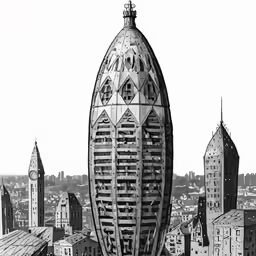 the very tall building has been designed to look like a spaceship