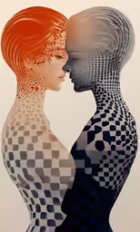a woman and man with colorful hair are kissing