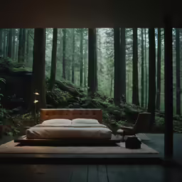 a large bedroom with a bed in the woods