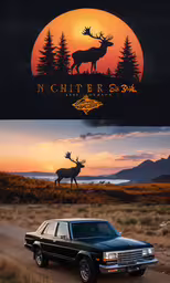a large vehicle is going down a road with a deer,a couple of different colored trucks on a field