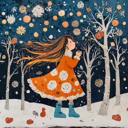 a painting of a girl with a bird and trees