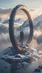 the man with the big wheel looks out to the distant mountains