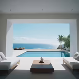 an indoor pool with a sofa and coffee table by it