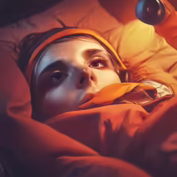 a woman laying in bed covered with a blanket and a lamp