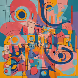 an abstract painting that reads no place to be,a close up of a painting with circles