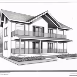 a drawing of a two story house in the daytime,the front view of a house with three floors