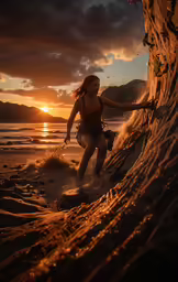 girl on beach next to ocean during sunset