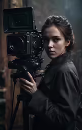 the woman holds her camera up to the camera
