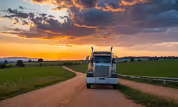 a semi truck driving along a dirt road at sunset,a semi truck on a dirt road with a sunset in the background